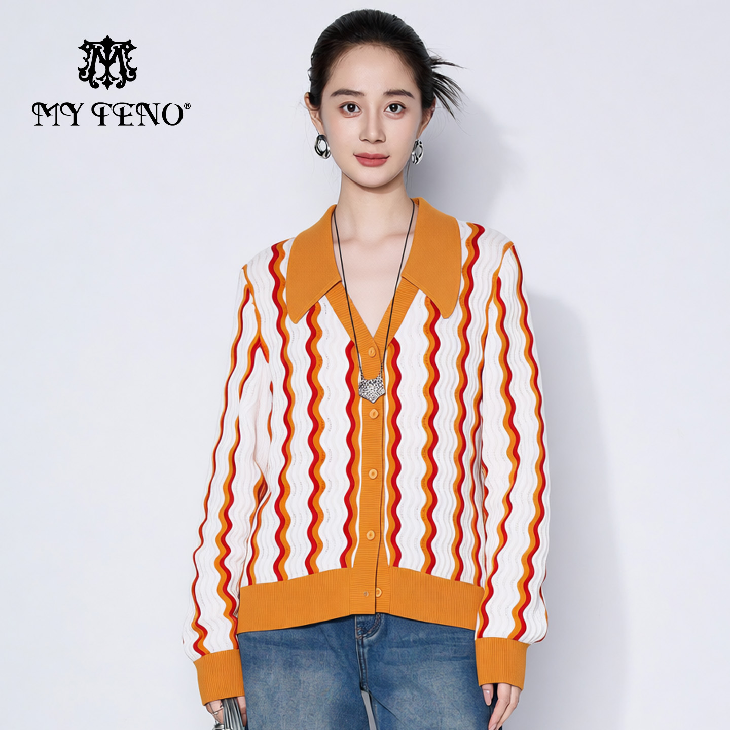 马天奴拼色翻领波纹针织开衫