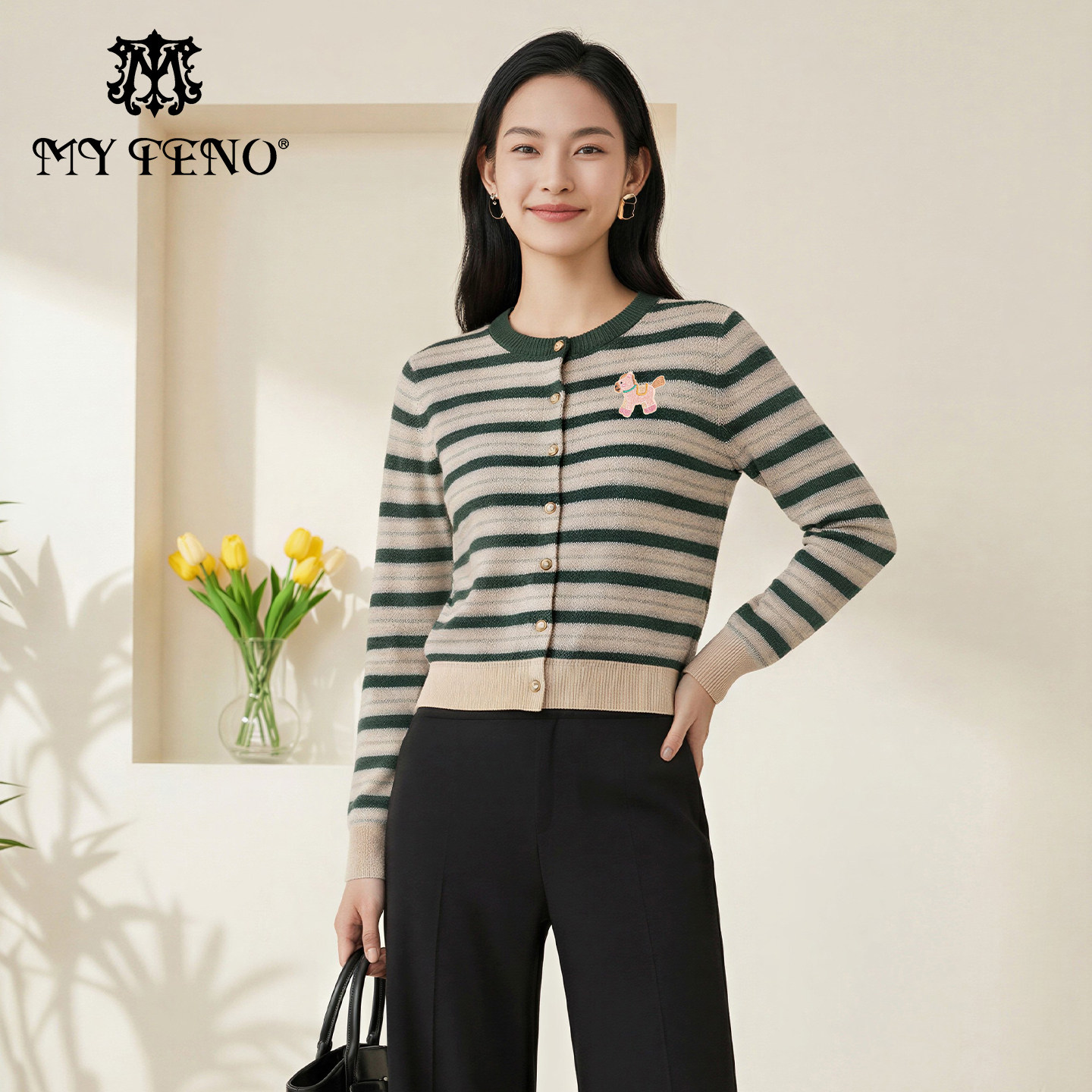 MY TENO/马天奴2026春条纹小马针织衫女翻领开衫毛衣新品纽扣上衣