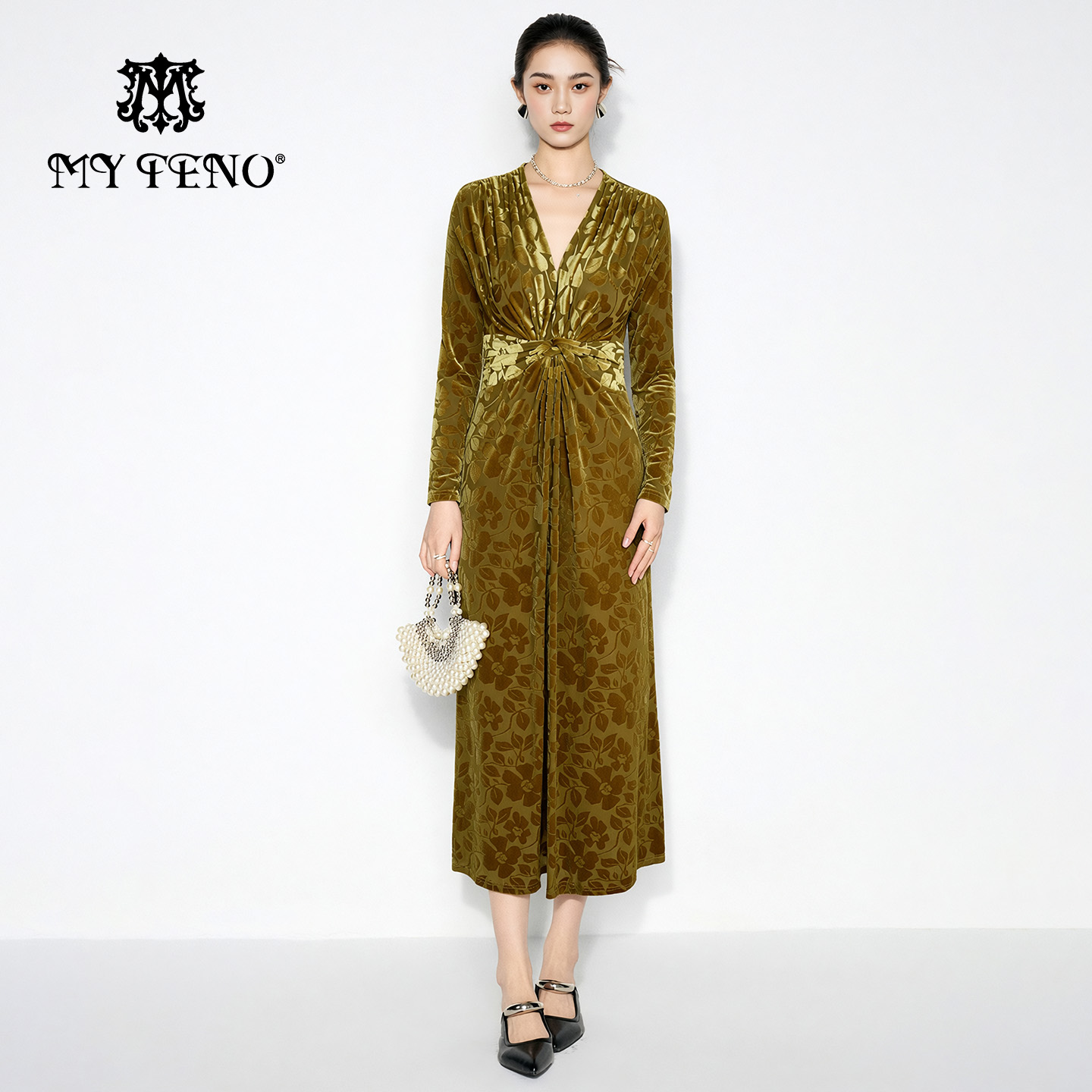 马天奴黄绿丝绒印花长款连衣裙