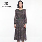 马天奴2026春夏新款 绿色钉珠圆领印花网纱连衣裙子收腰长袖 气质女