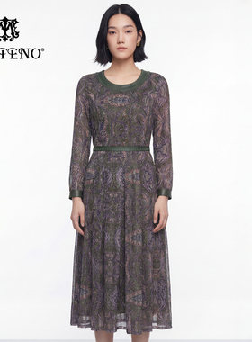 马天奴2026春夏新款绿色钉珠圆领印花网纱连衣裙子收腰长袖气质女