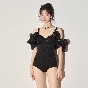 钢托聚拢高级感泳装 金珠泳衣女夏2023新款 连体性感遮肚显瘦泡泡袖