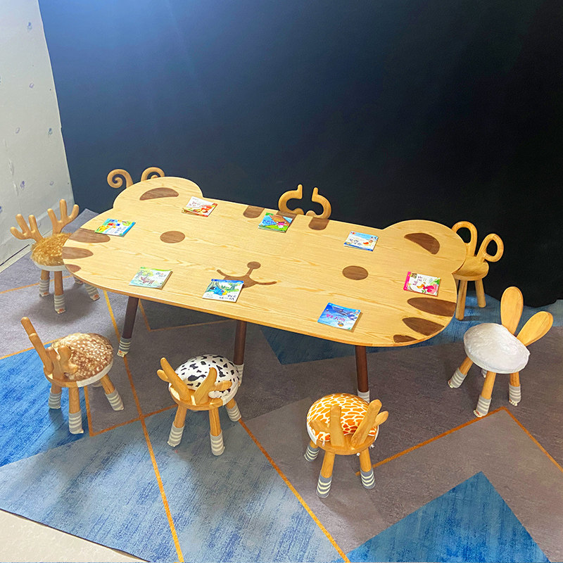 专儿园幼用实木桌椅组合卡通猫脸儿童大桌子阅读区图托馆绘本书育