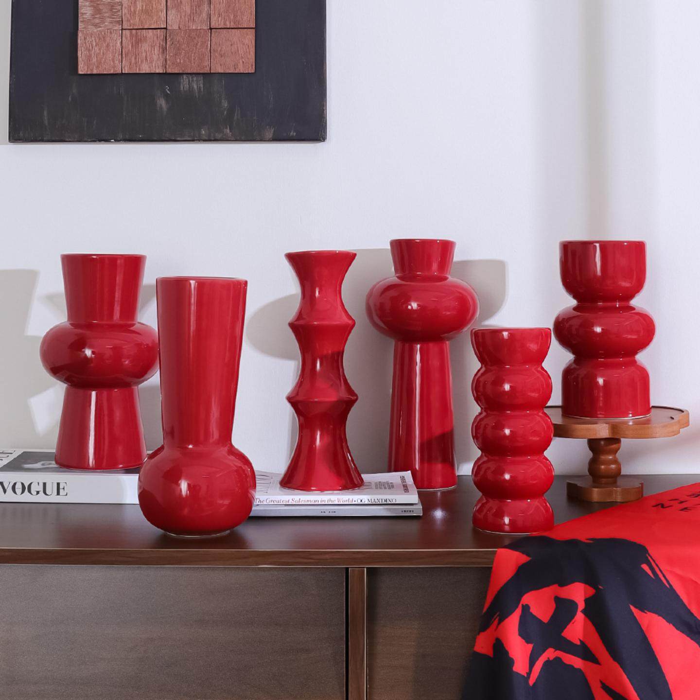 红色陶瓷装饰小花瓶中古高级感新中式复古创意插花摆件大花器,家居饰品,花壶瓶,淘宝优惠券,粉丝福利购,淘宝优惠卷