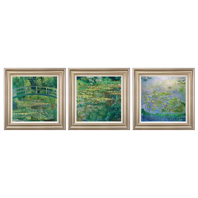 睡莲景联 莫奈油画室画欧式客厅背三墙餐厅卧版实木框现代装饰画