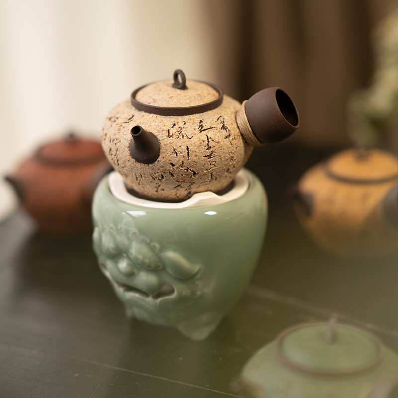 日式陶泥煮茶壶炭炉功夫茶具侧把煮茶壶套组紫砂煮水壶围炉煮茶壶