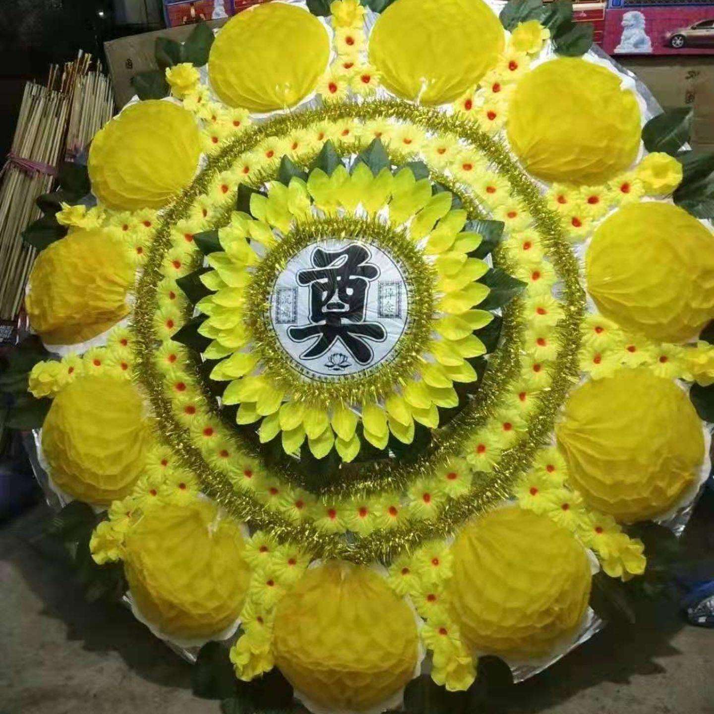花圈厂家直销各种单层双层三层伞式折叠仿真死人白事追悼殡葬用品