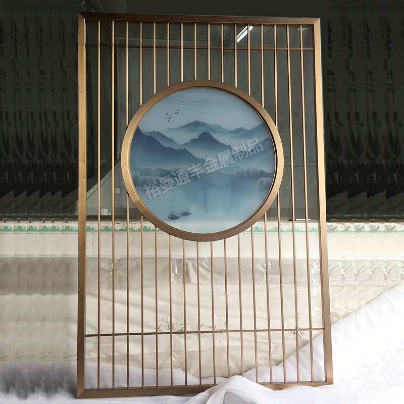 厂家玄关新中式花格禅意装饰画圆形钛金金属玻璃屏风山水画隔断