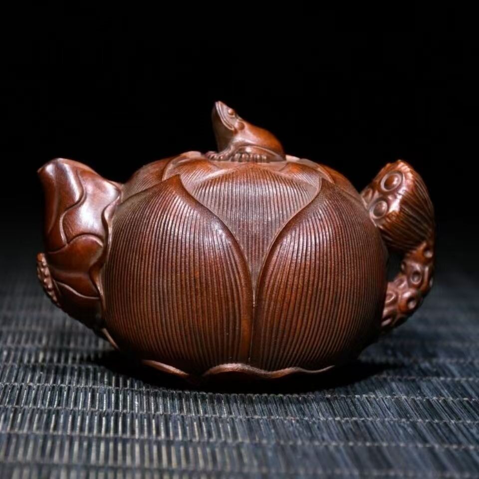 黄杨木莲花手把壶青蛙荷趣茶壶摆件手工雕刻招财功夫长寿精雕八方