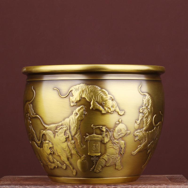 全铜虎缸摆件上山虎 下山虎 铜水缸聚宝盆家居客厅玄关装饰工艺品