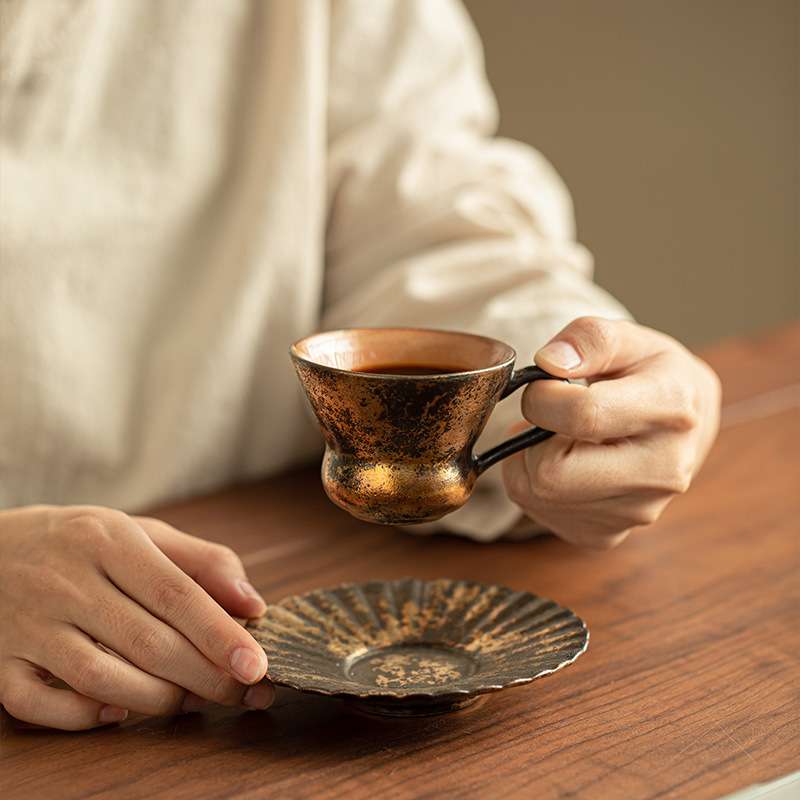 志野烧古寂风鎏金茶杯咖啡杯带把手底碟陶瓷两件套办公室下午茶