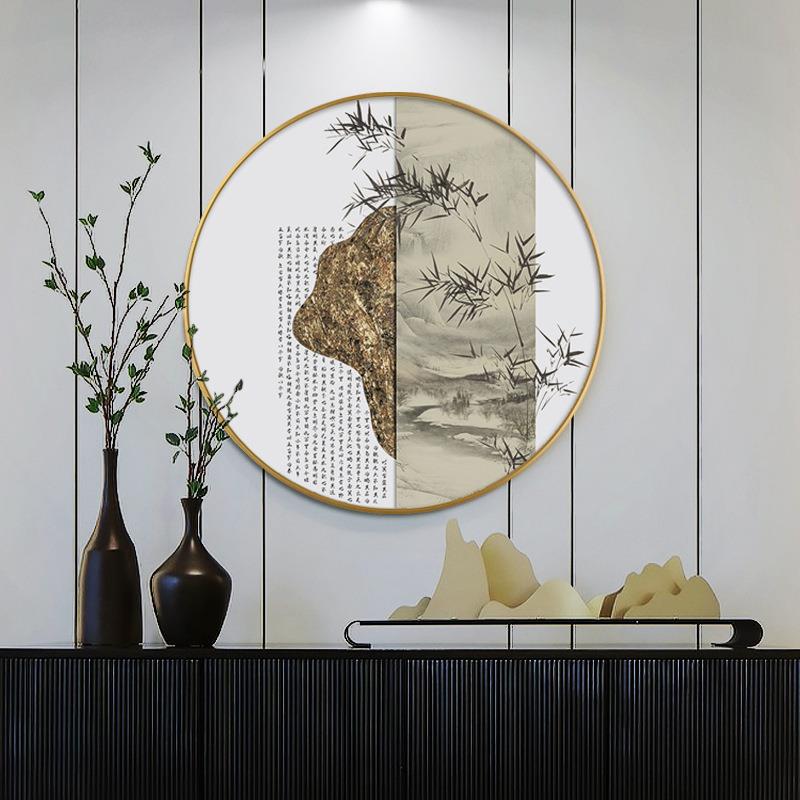 竹报平安 新中式入户玄关装饰画竹子圆形字画国画山水书房壁画