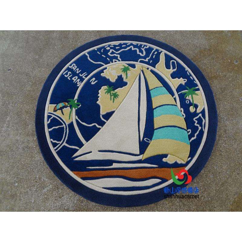 现代简约蓝色海洋帆船圆形手工羊毛客厅茶几地毯儿童房书桌椅子垫