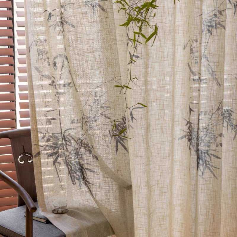 新款中式风格透光不透人麻纱印花窗帘书房民宿茶室装饰使用窗纱