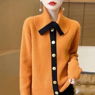 山羊绒翻领系扣时尚拼色洋气纯羊绒单排扣开衫女亲肤休闲百搭外套