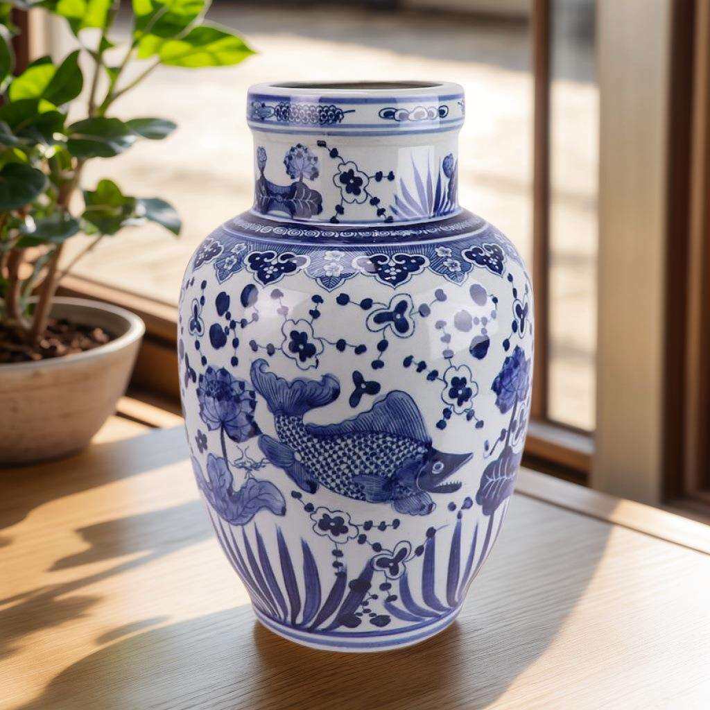 中式复古青花大花器鱼藻纹花瓶喜字陶瓷花瓶客厅玄关餐桌插花摆件
