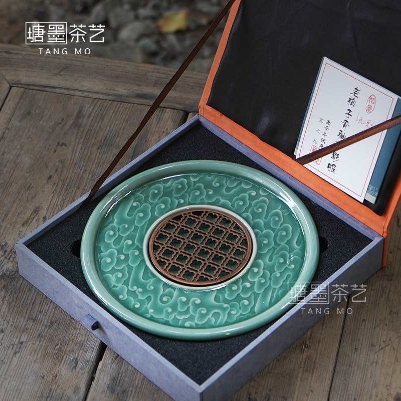 陶瓷梅子青壶承手工青瓷影雕复古干泡台盖碗茶盘茶壶底座茶道配件