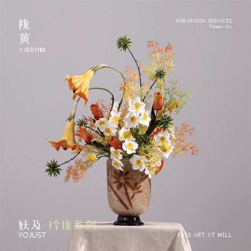 中古玻璃矮瓶花脚仿真花摆陇黄】酒店会所展厅玄关餐桌【件