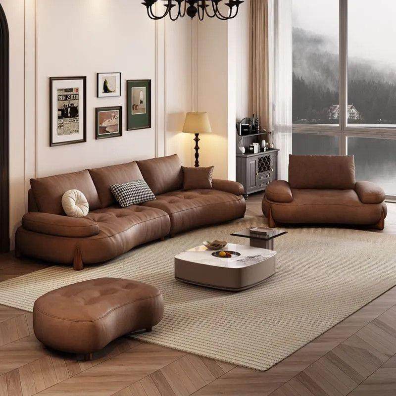 头层沙发大小户型客厅整装组合设计师复古风弧形实木沙发时尚简约