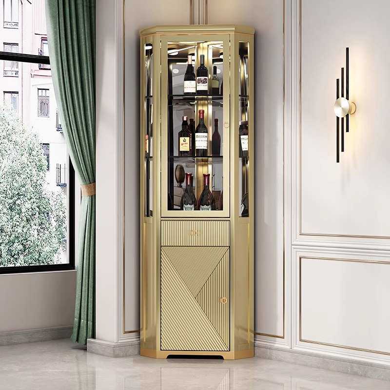 现代轻奢墙角柜客厅三角柜餐厅全实木玻璃酒柜香槟金餐边柜厅柜
