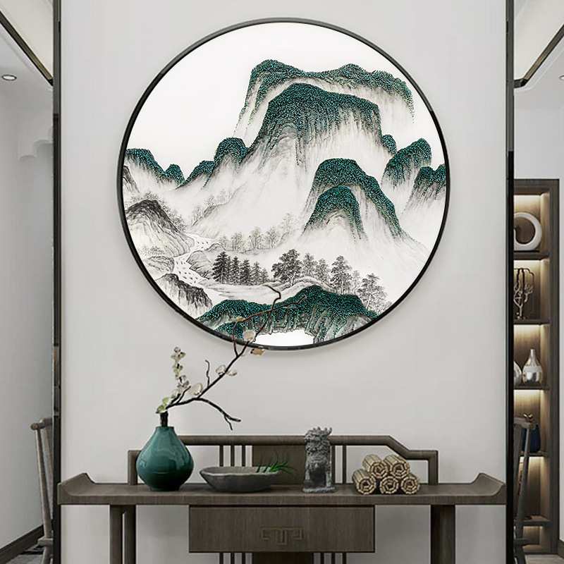 入户玄关山水钉子画新中式客厅装饰画样板间实物挂画立体圆形壁画