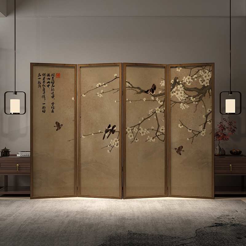 新中式花鸟屏风隔断客厅房间移动折叠玄关实木入户门卧室移动折屏