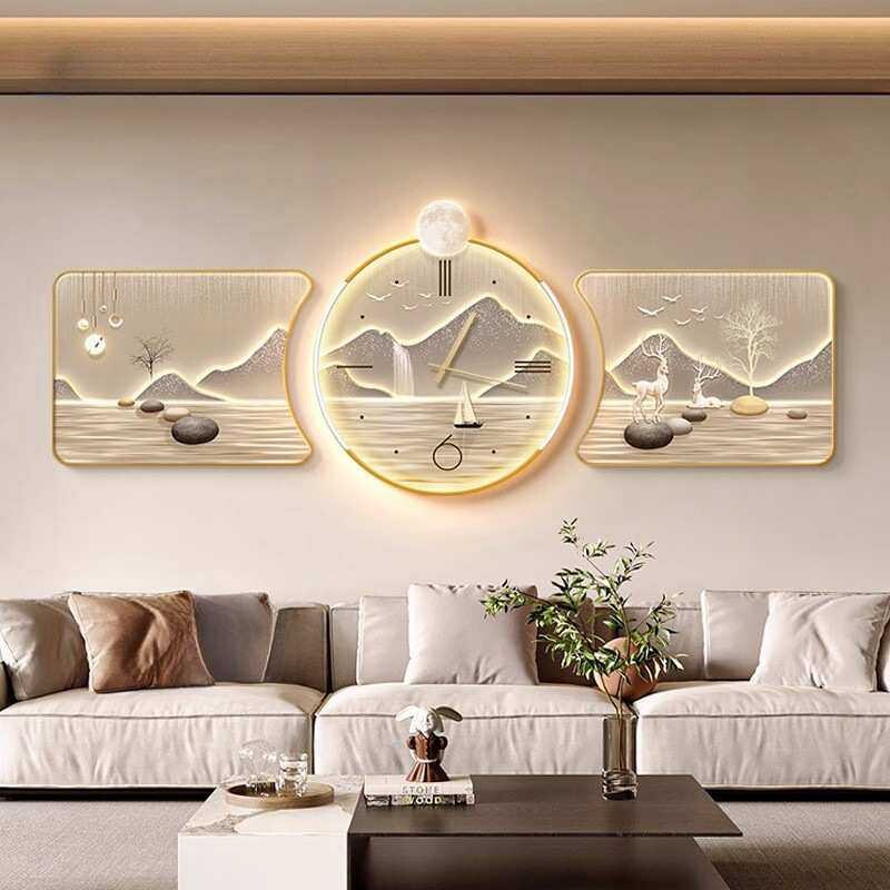 现代轻奢背有靠山客厅装饰画带钟表高级感沙发背景墙led山水挂画