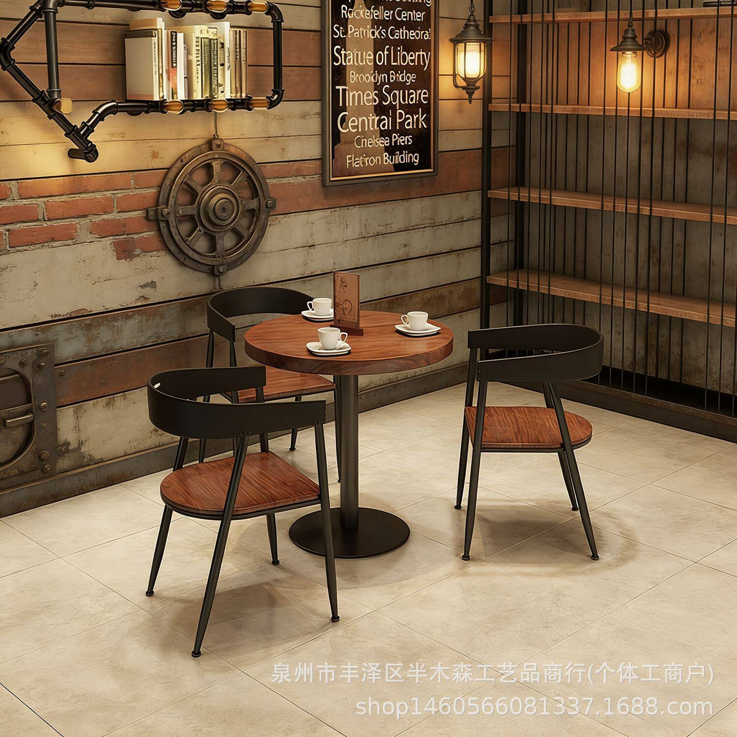 美式loft复古实木咖啡厅洽谈圆桌子餐厅酒吧单腿做旧工业风餐桌椅