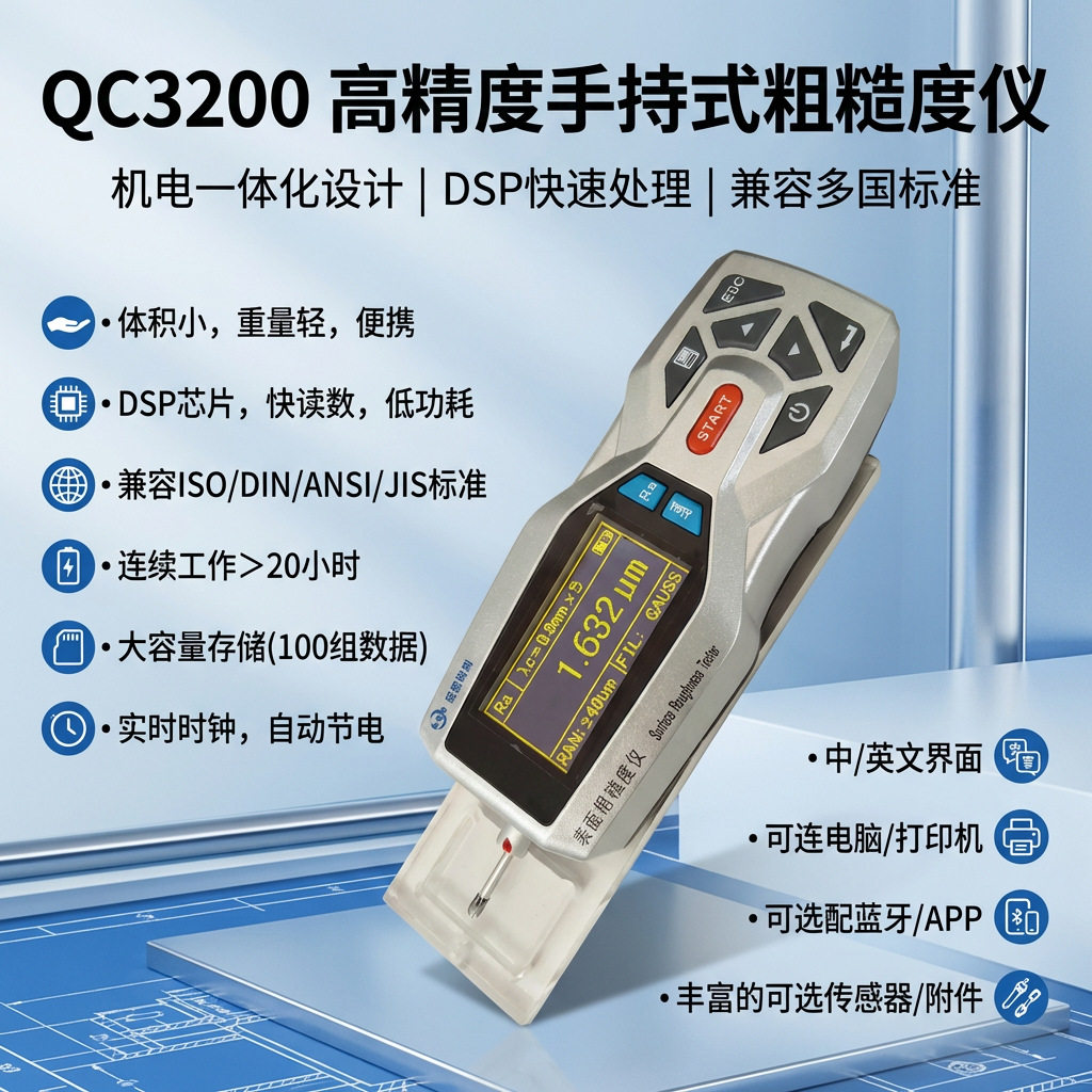 蔻奢QC3200高精度粗糙度仪手持式粗糙度仪可连电脑打印机DSP
