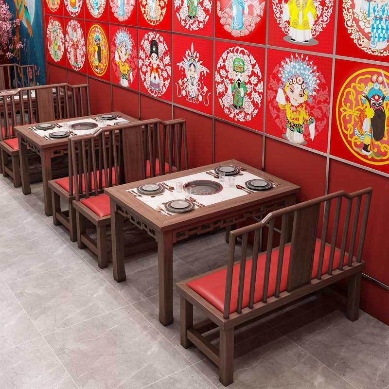 实木中式八仙桌餐饮店湘菜馆民宿火锅店靠墙卡座沙发桌椅组合圆桌