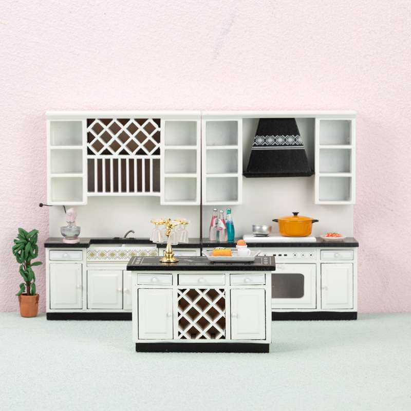 娃娃屋dollhouse厨房过家家微缩食玩模型白色现代厨房柜子三件套