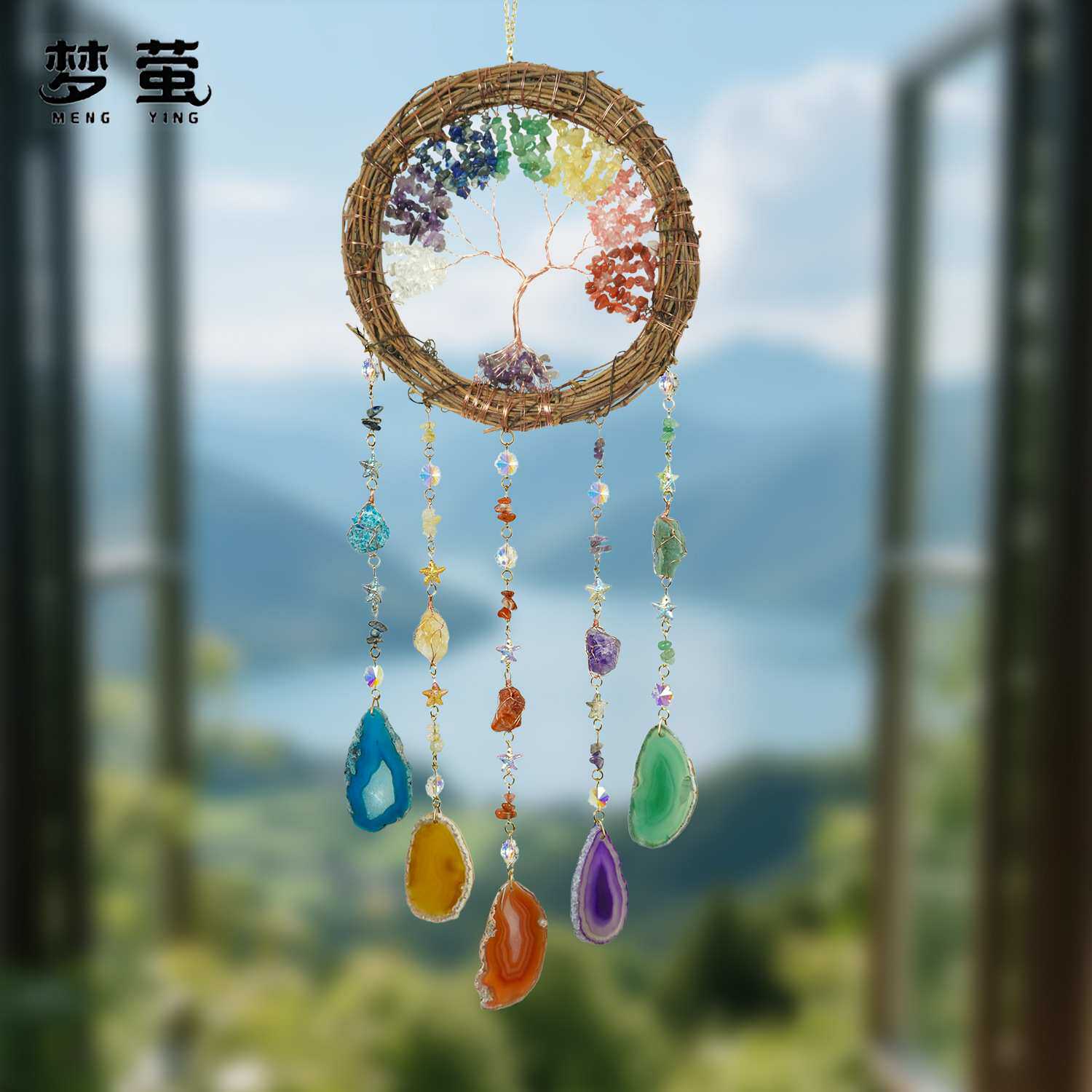 高档水晶碎石生命树捕梦网彩色玛瑙片藤条风铃客厅房间装饰品挂饰