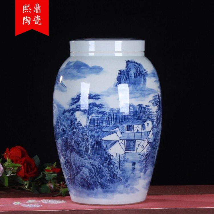 景德镇陶瓷直销手绘青花山水陶瓷米缸江山多娇油缸酒缸50斤装