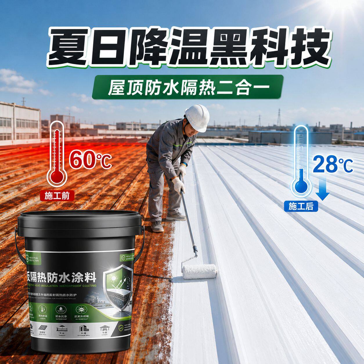 屋顶纳米防晒反射隔热涂料漆楼顶外墙彩钢瓦厂房翻新降温防水材料