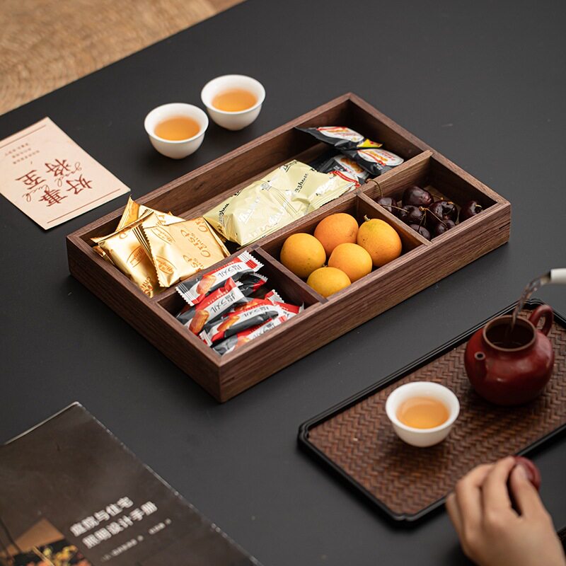 黑胡桃木四格收纳盘长方形木质坚果水果分格盘桌面摆件茶点榫卯盘