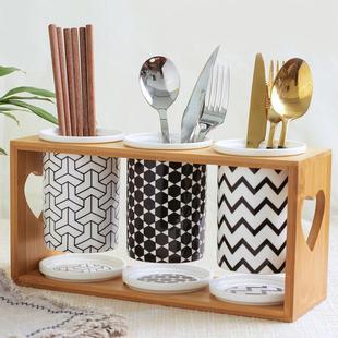 黑色经典创意陶瓷双筒三筒厨房置物架沥水筷子筒筷子笼筷子桶套装