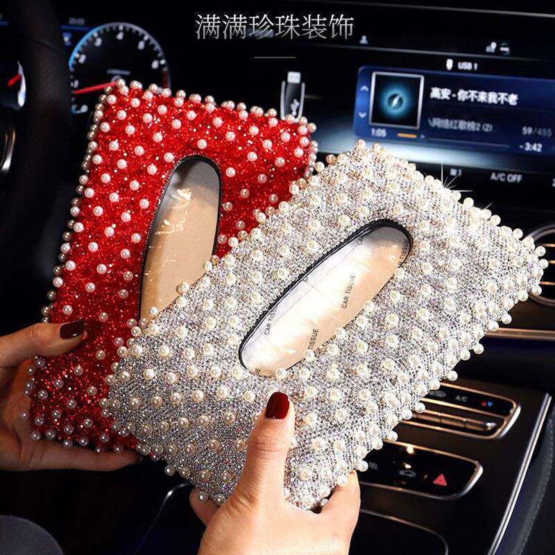 汽车用品纸巾盒套镶钻珍珠车载餐巾盒可爱女士韩国车用抽纸盒座式