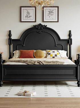黑色复古全实木床美式1.8m大床1.5m家用双人床法式中古风卧室家具