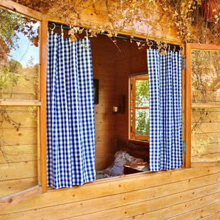 厨房小窗户短窗帘卧室特价乡村格子布自动收拉飘窗挂钩免打孔纱帘