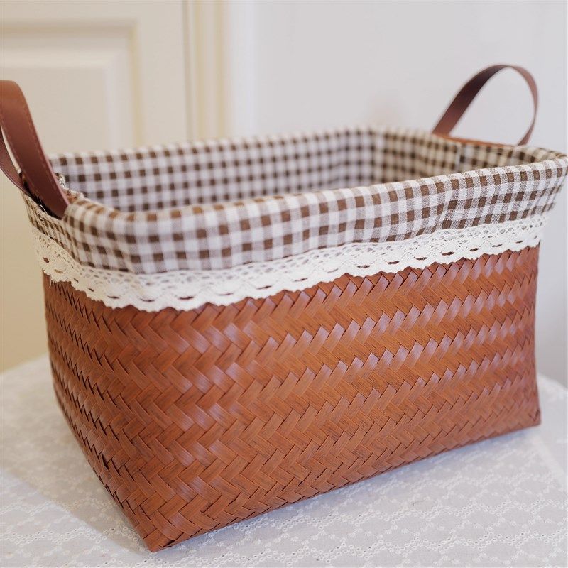 美式收纳筐手工复古脏衣服篮pu仿藤编洗衣桶零食玩具脏衣篓网红款