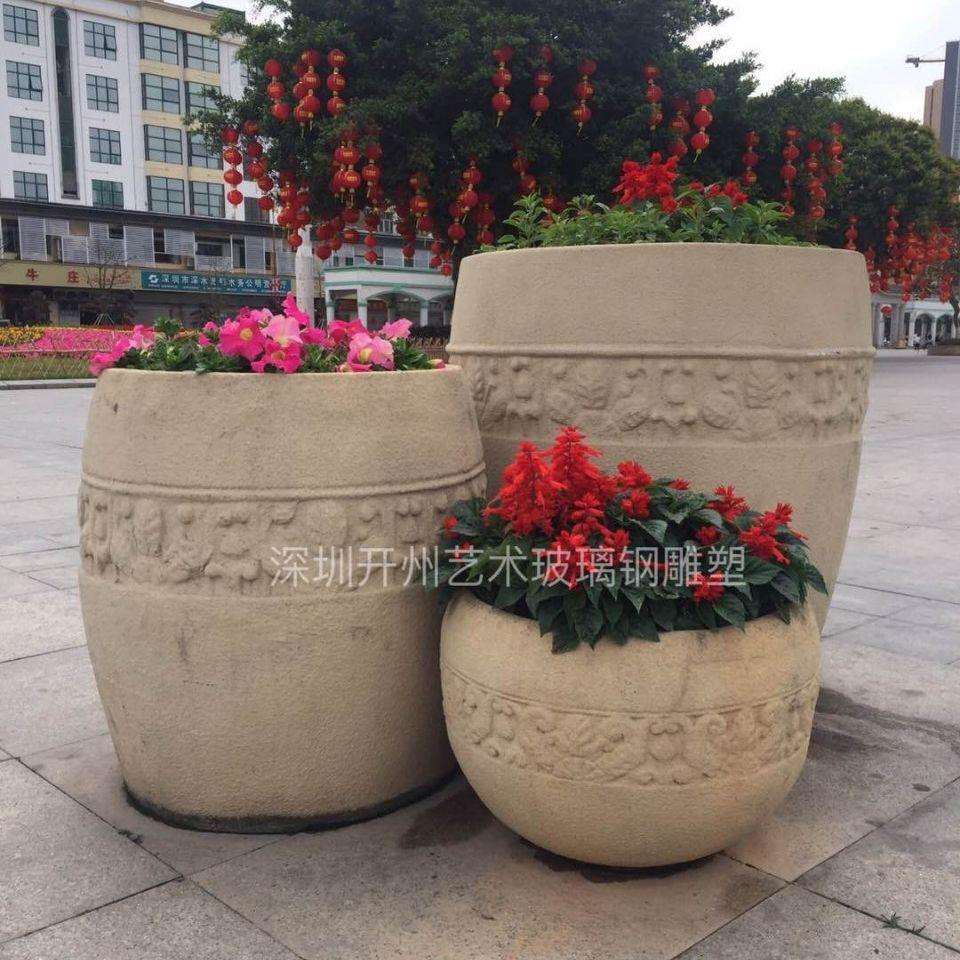 厂家直销砂岩石花盆景观花钵户外别墅庭院花坛造景园林雕塑玻璃钢