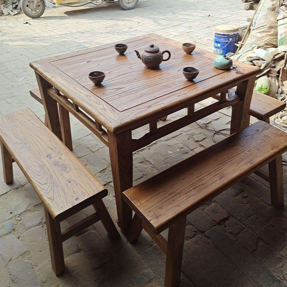 榆木八仙桌正方形餐桌长桌饭店仿古实木方桌茶桌四方家用复古组合