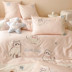 猫咪夏季100s支天丝棉四件套被套卡通儿童床单冰凉床上用品公主风