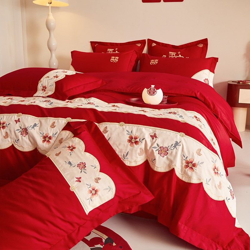 现代简约婚庆全棉喜嫁四件套100S长绒棉被套结婚时尚陪嫁纯棉床品