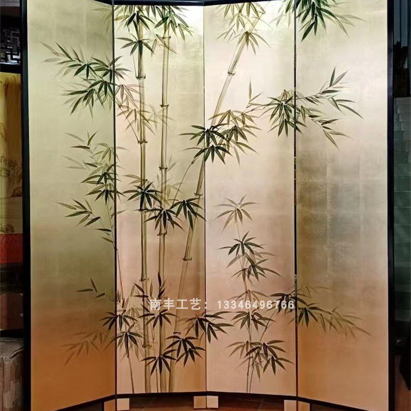 中式手绘金箔竹子屏风漆画隔断客厅卧室简约现代折叠移动遮挡定制