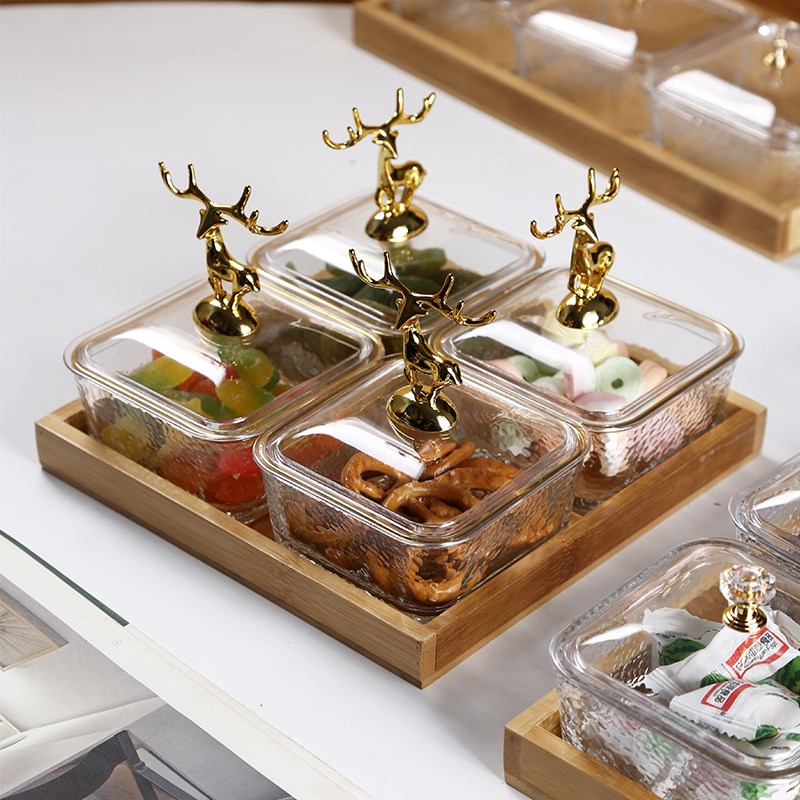 创意竹木干果盘玻璃水果盘客厅小吃拼盘分格零食托盘四方碗糖果盒