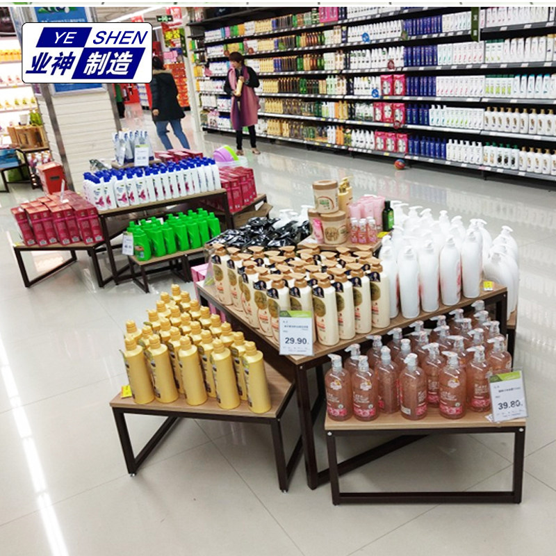 业神制造三流超市促销展示架高低中钢木堆头货架层水台台岛展示架