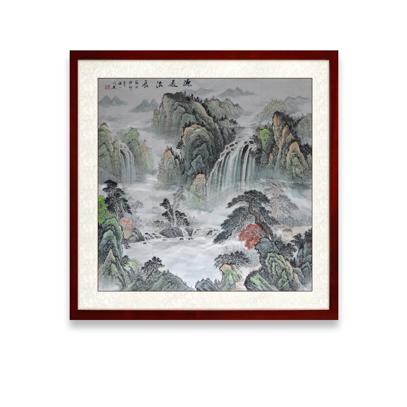 国画纯带工山水画办公室挂画玄关装饰画聚宝盆水水画风墨原稿手框