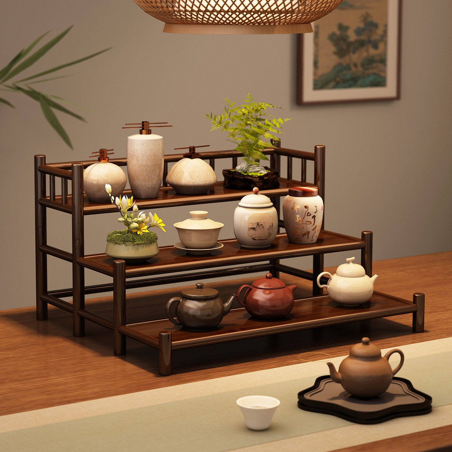 桌面杯架置物架现代简约小型博古架多层茶桌茶具茶壶收纳摆放架子