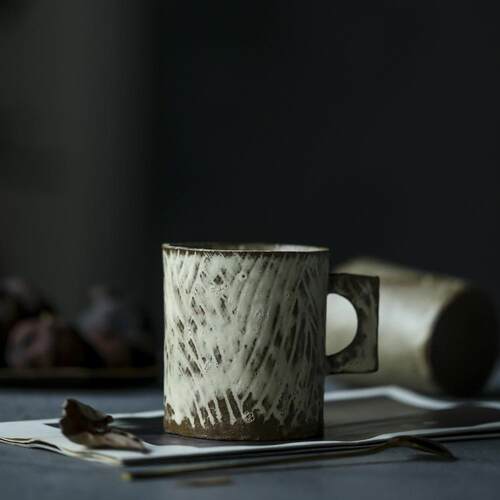 中国陶艺作家 徐婉 手作 粉引 麦子纹 咖啡杯 手握杯拉花杯